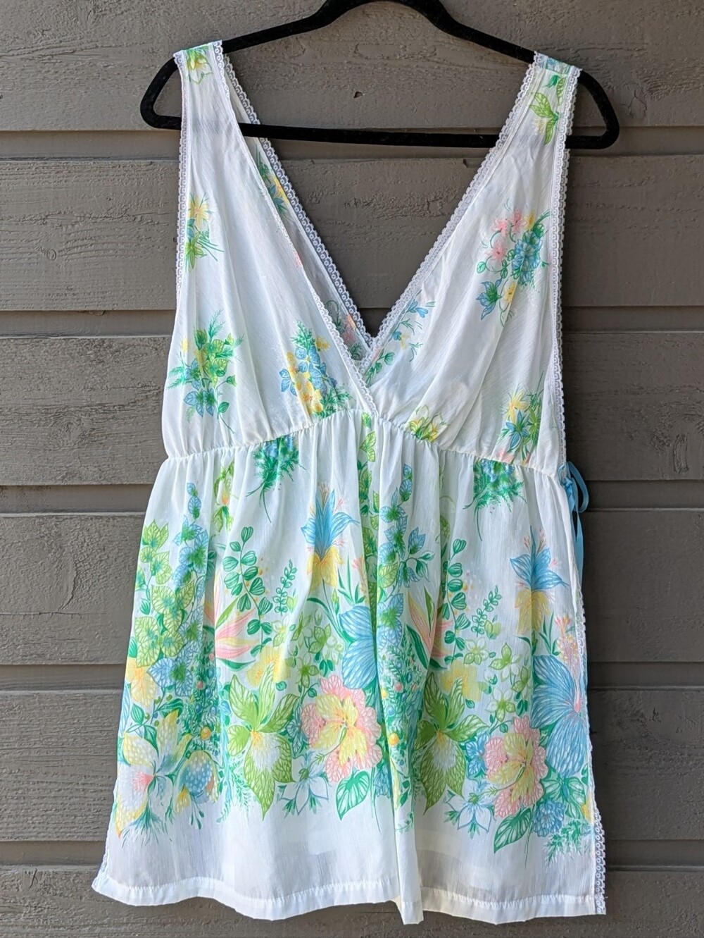 VTG 1960s Lorraine Floral Side Tie Pajama Top BabyDoll Coquette Flirty Large